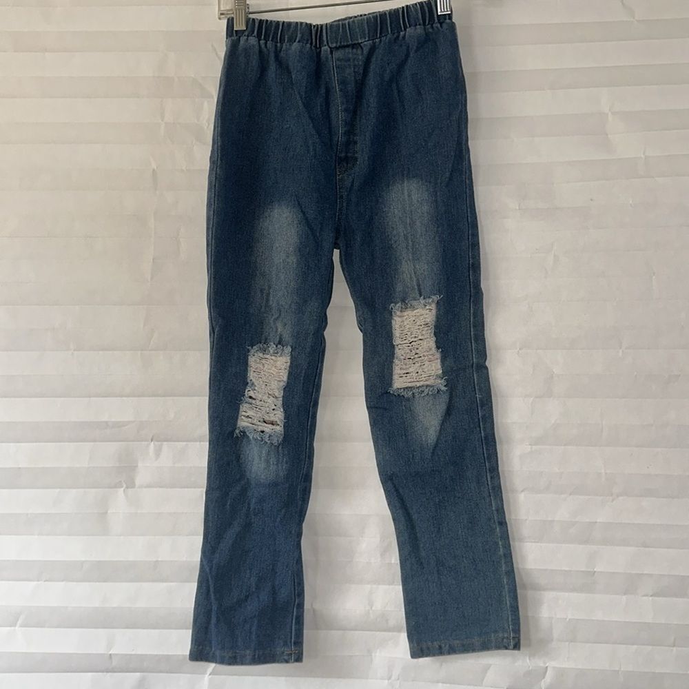 Distressed Medium Blue Jeans Girl’s Size 10-11 Elastic Waist Unbranded